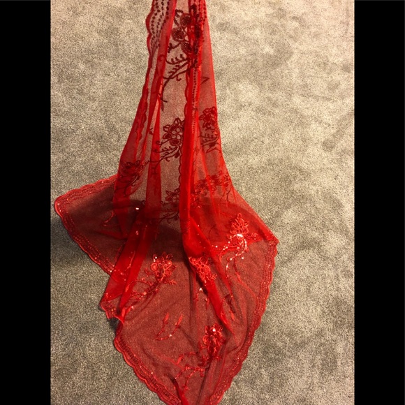 Embroidered Embellished Sequins  Paillettes Scarf Shawl 40,5 x40,5 Chic red mesh - Picture 10 of 12